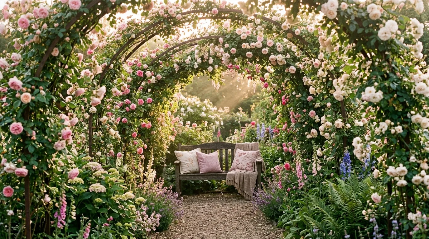 Garden bench beneath a floral tunnel of arching roses and blooming vines.