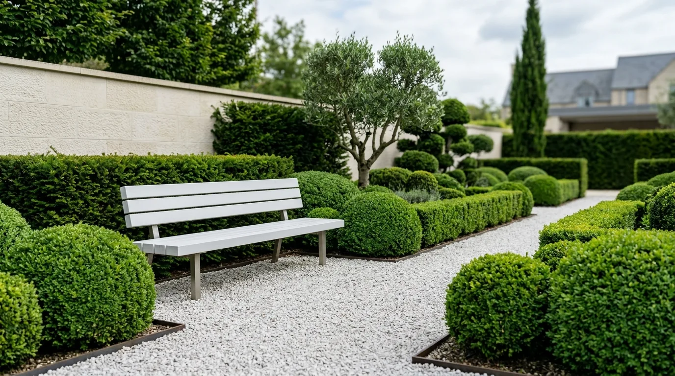 Minimalist white bench in a gravel garden with sculpted shrubs.
