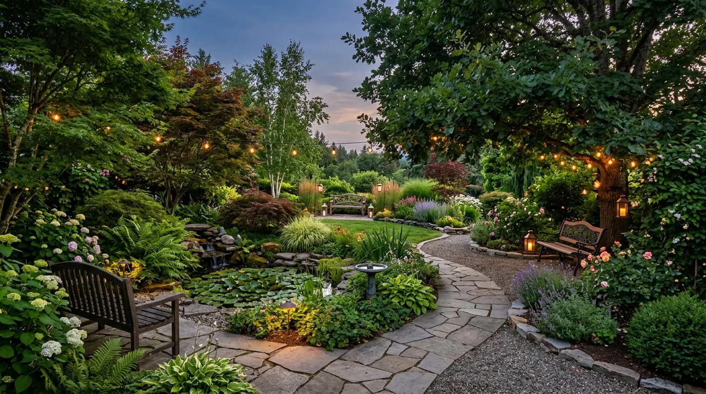 Peaceful garden featuring multiple benches in different relaxing zones.
