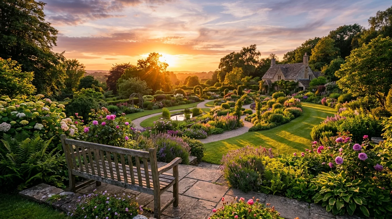 Sunset garden bench scene overlooking a landscaped garden with warm glowing light.
