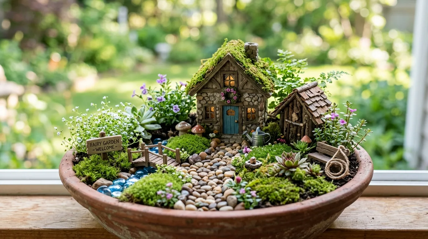 Miniature fairy garden in a shallow pot with tiny houses, moss, and pebbles.
