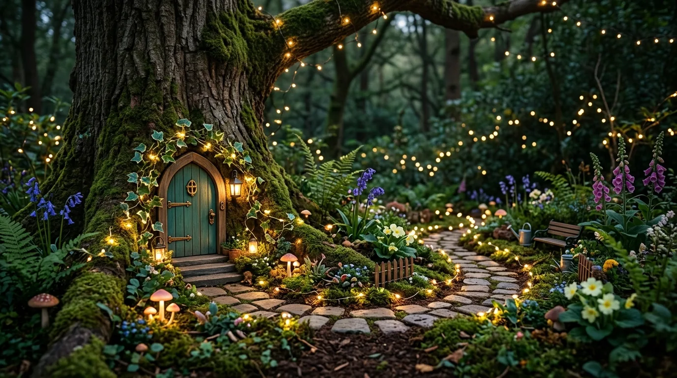 Fairy garden scene under a tree with a tiny door, stone pathway, and glowing lights.
