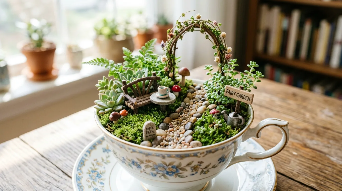 Teacup fairy garden with miniature plants, tiny furniture, and decorative stones.