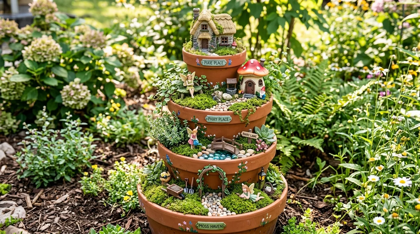 Tiered fairy garden display made from stacked pots filled with moss, mini houses, and figurines.