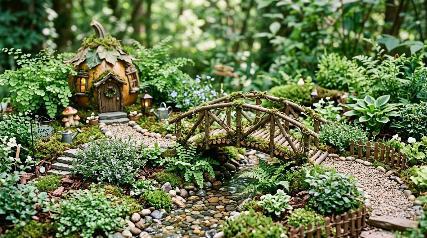 Fairy garden with a tiny bridge over a pebble stream surrounded by miniature decor.