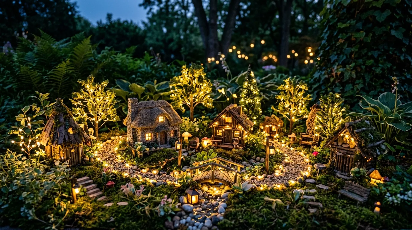 Glowing fairy garden with LED lights around miniature trees and houses.