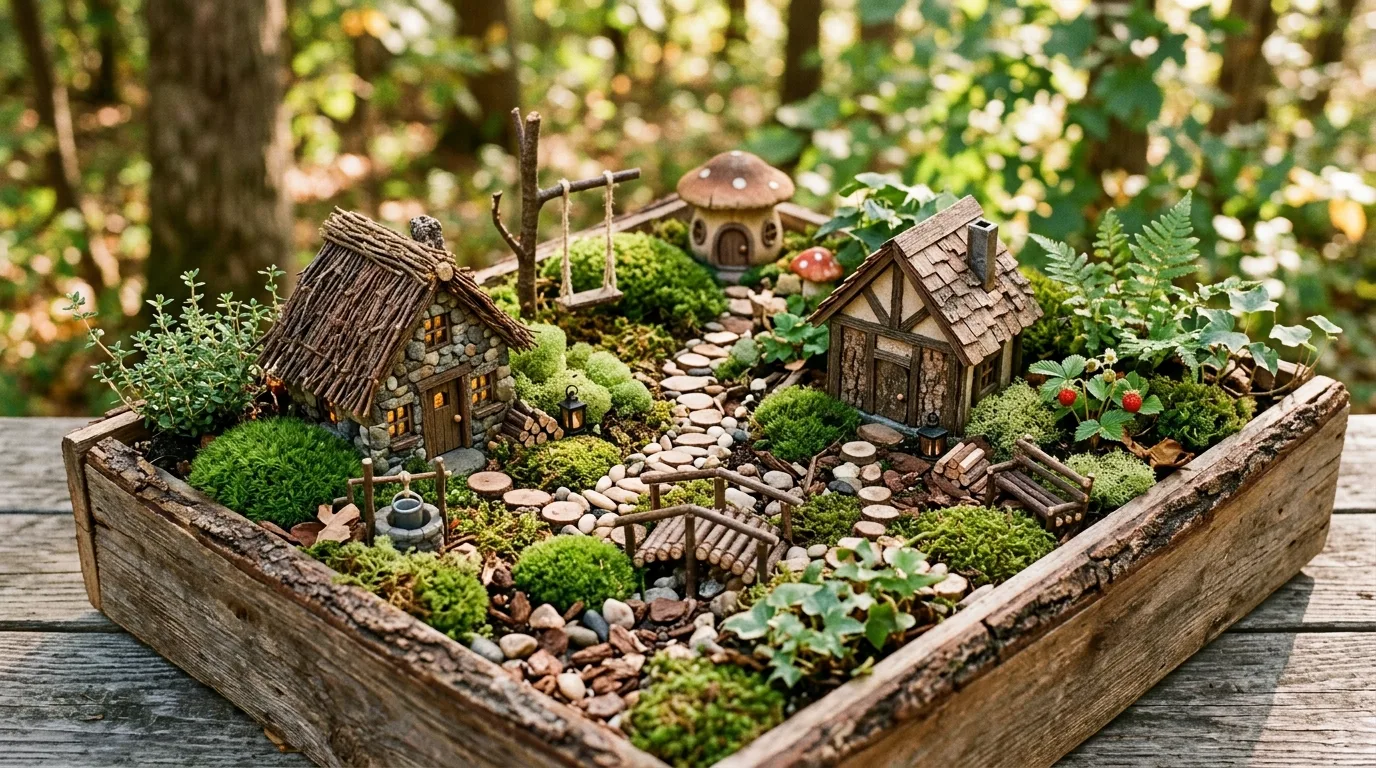 Rustic fairy garden in a wooden box with bark, moss, and small cottages.