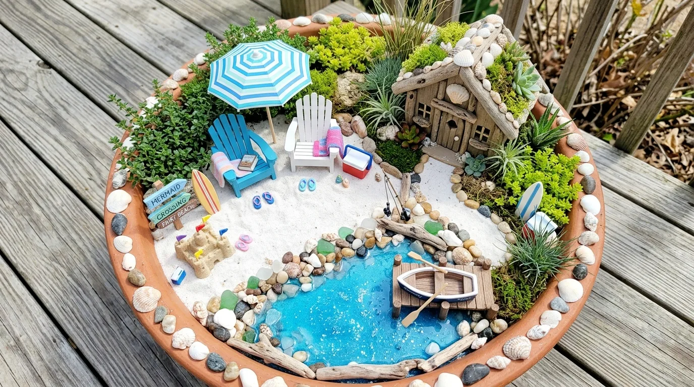 Beach-themed fairy garden with sand, seashells, tiny chairs, and a miniature umbrella.