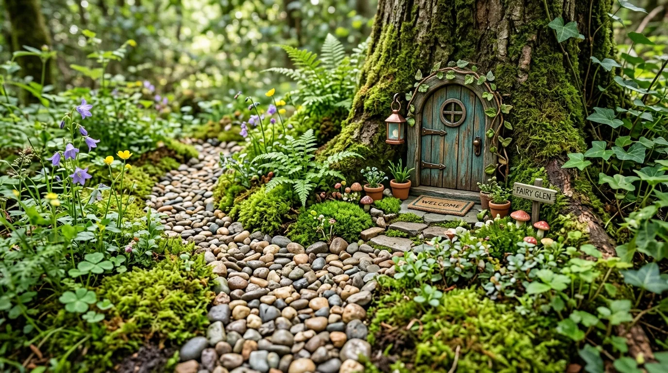 Fairy garden pathway made of tiny stones leading to a small fairy door.