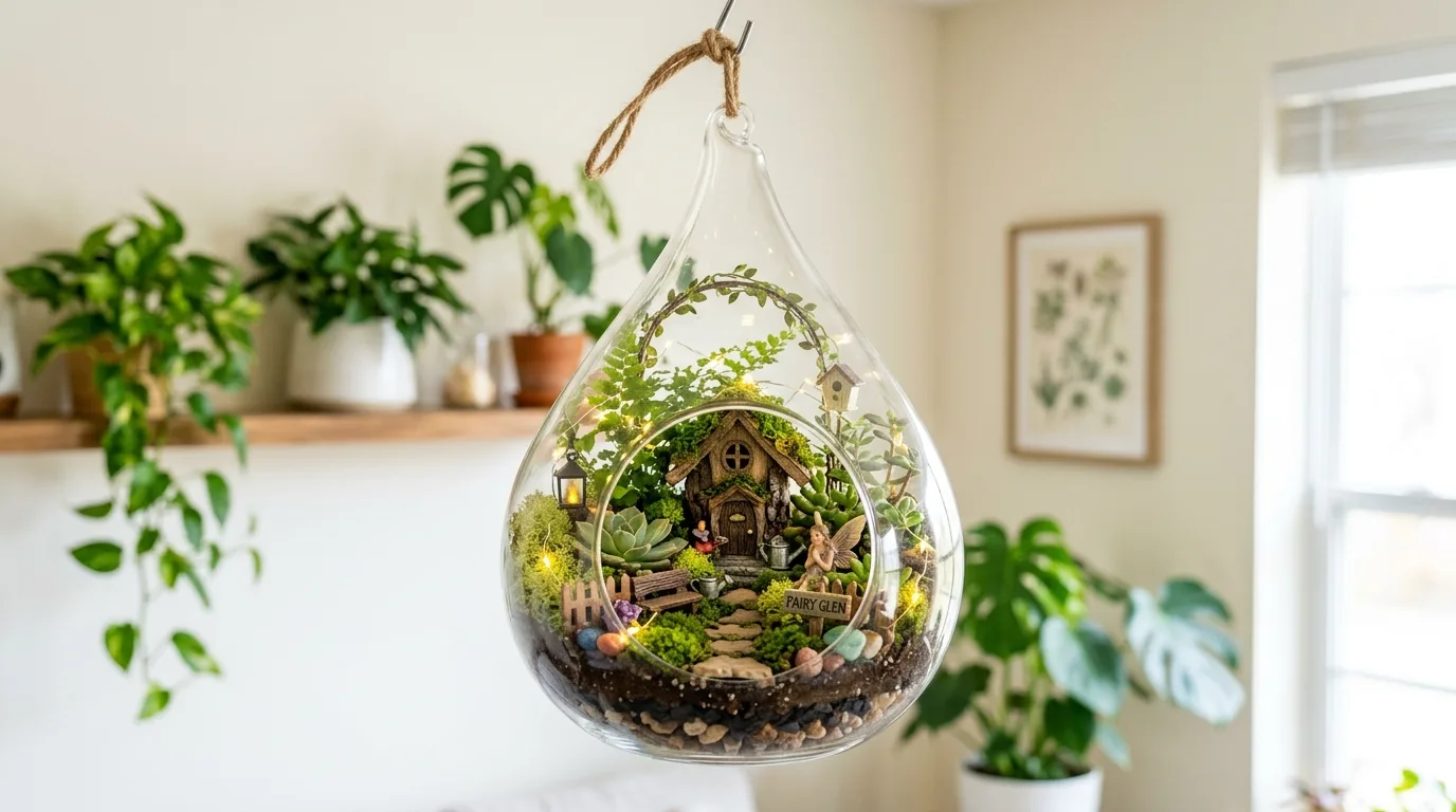 Hanging fairy garden in a glass terrarium with small plants, lights, and miniature decorations.