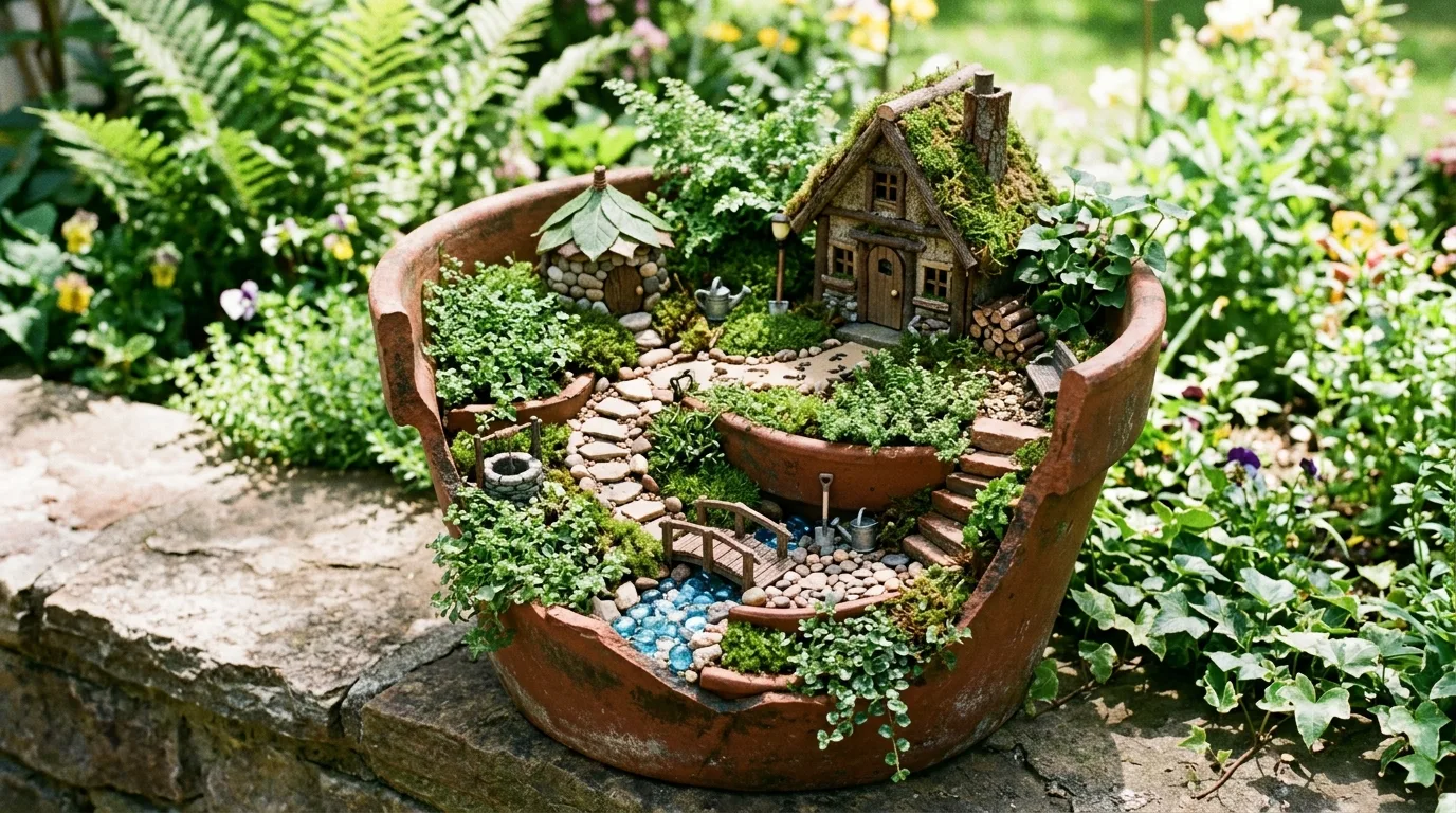 Fairy garden built inside a broken pot with layered soil levels, mini houses, and greenery.