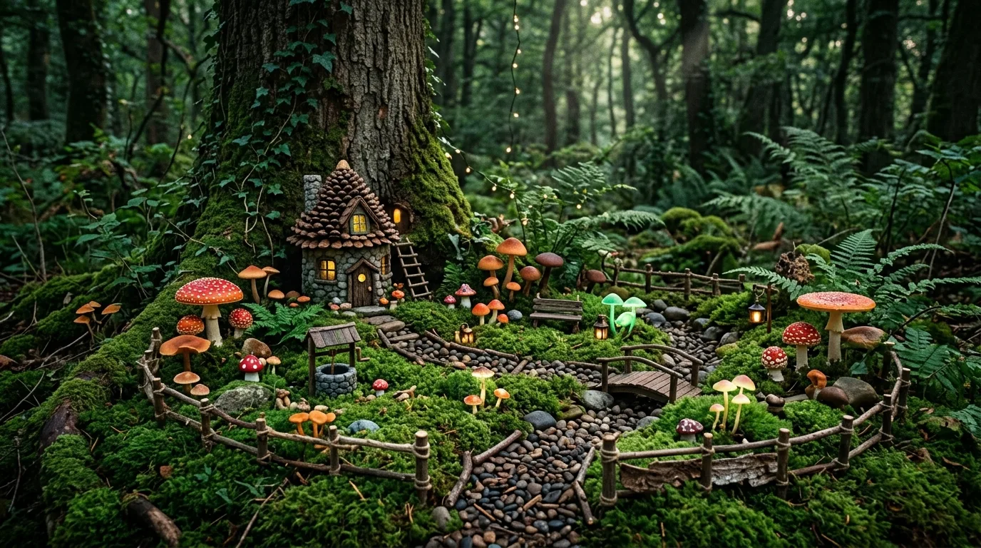 Woodland fairy garden with mushrooms, tiny fences, and soft moss.