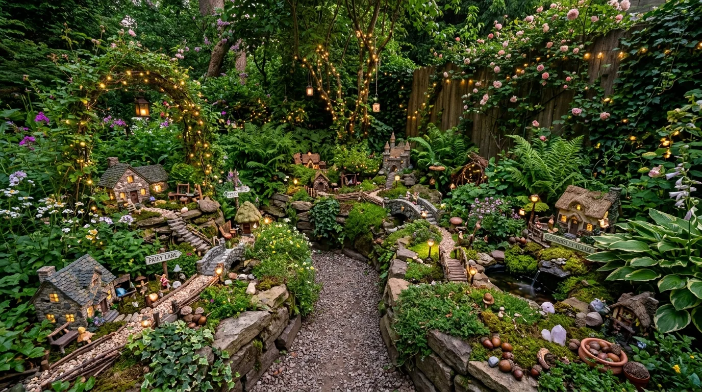 Magical garden corner filled with multiple fairy garden setups, glowing lights, miniature houses, and lush greenery.