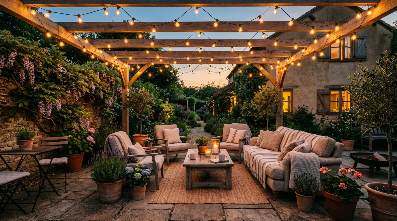 Cozy patio with warm string lights overhead and a golden evening glow.
