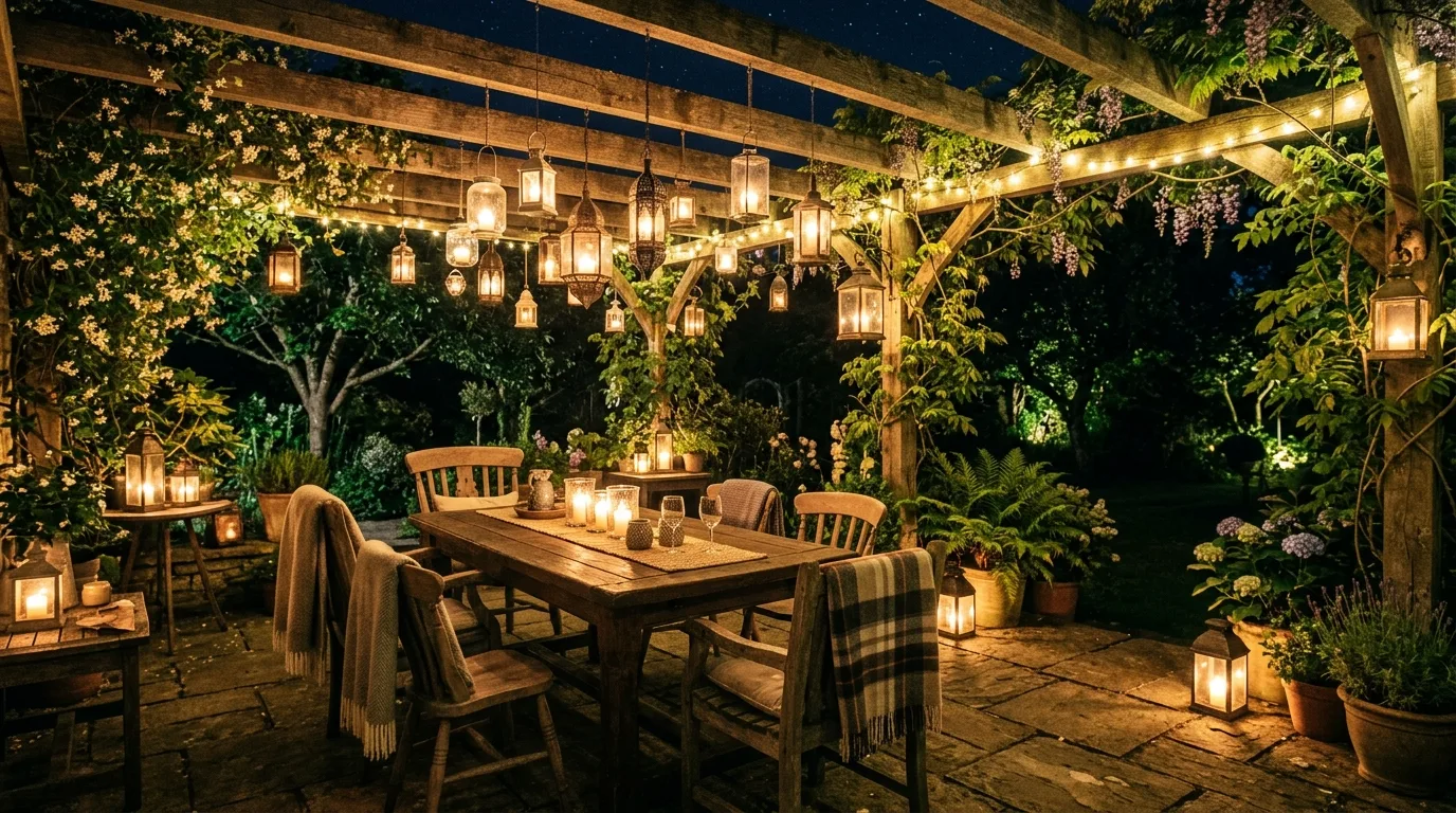 Outdoor patio with lanterns hanging from a pergola.