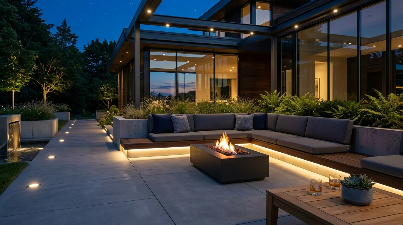 Modern patio with recessed floor lighting and LED strips under seating.
