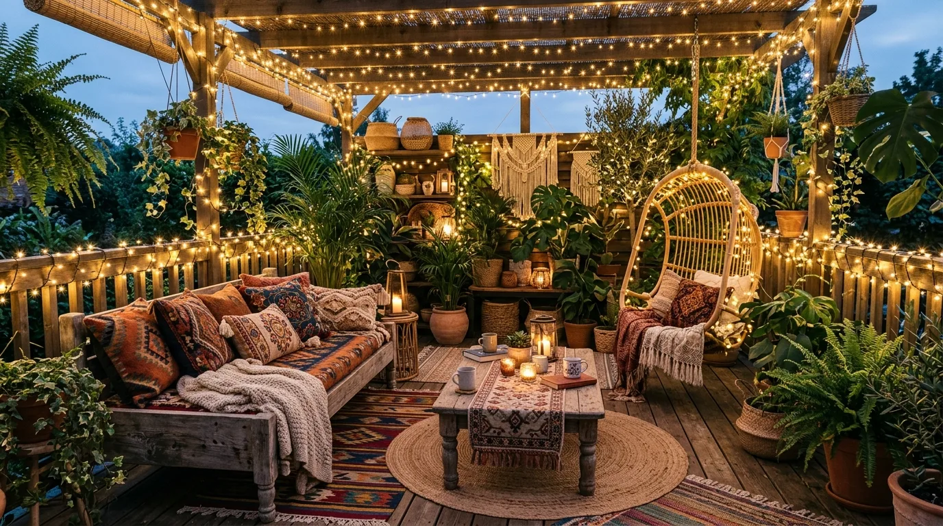 Boho patio with fairy lights wrapped around plants and railings.