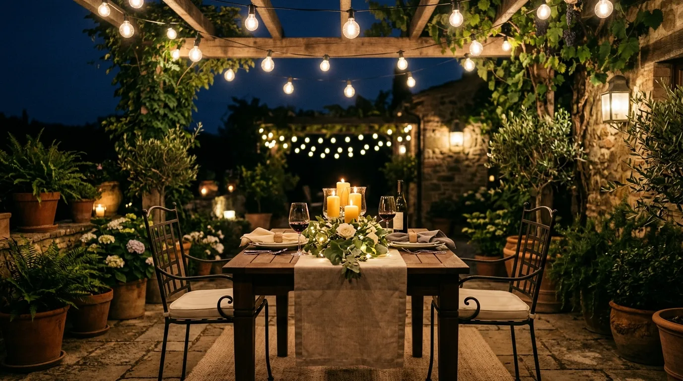 Romantic patio dining setup with candlelit table and soft hanging globe lights.
