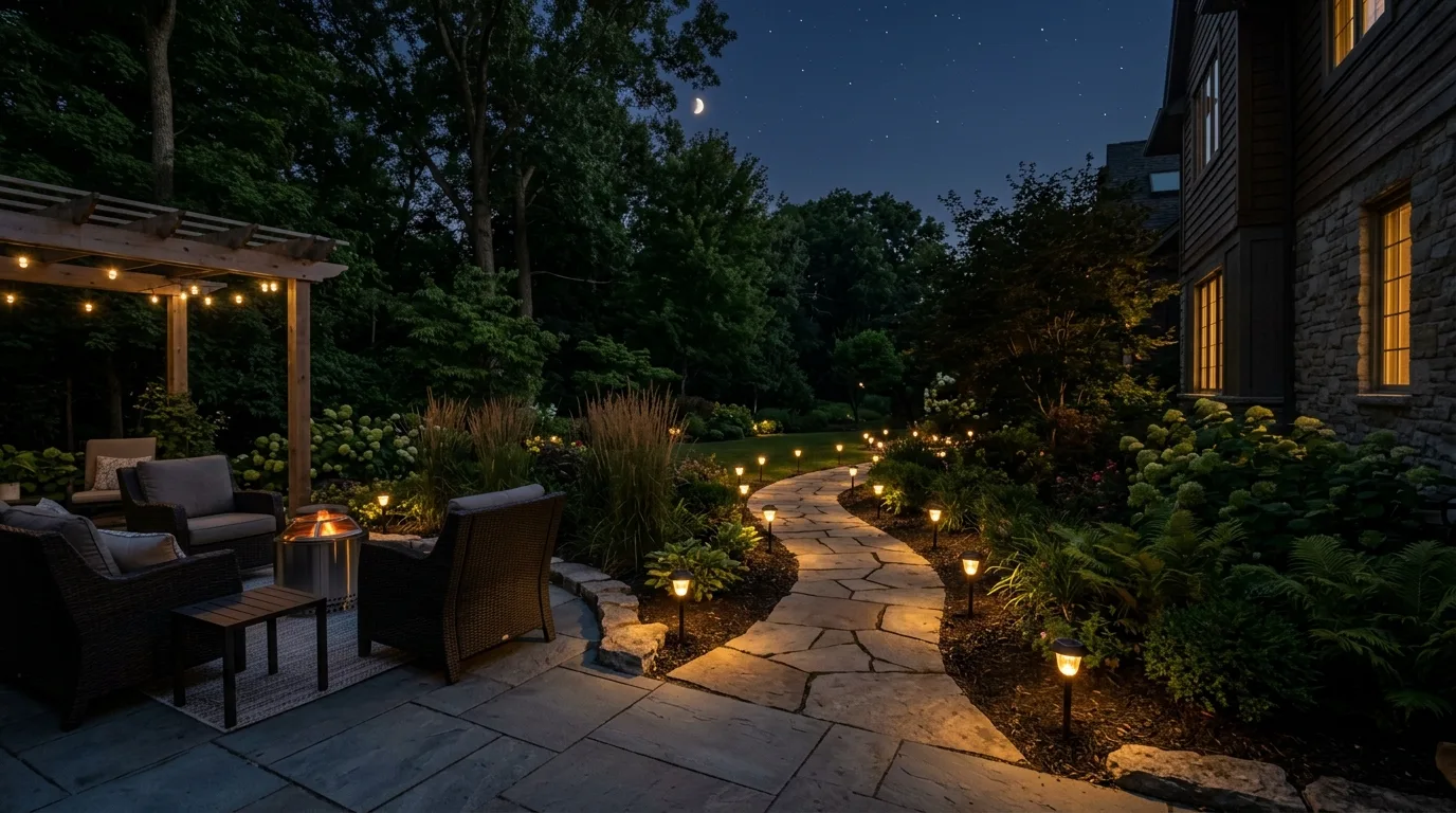 Patio with solar-powered pathway lights lining garden edges.