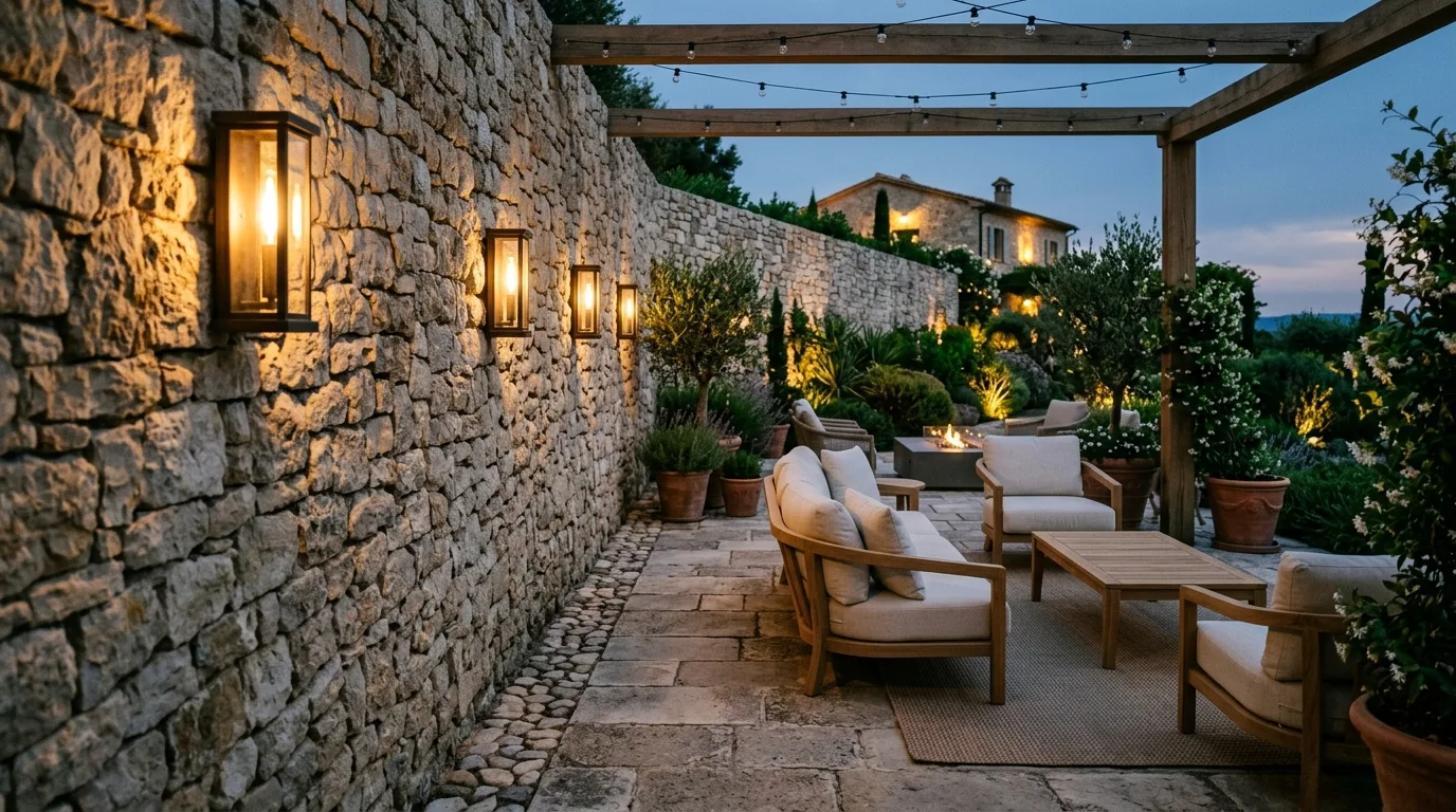Luxury patio with wall sconces casting ambient light across stone walls.