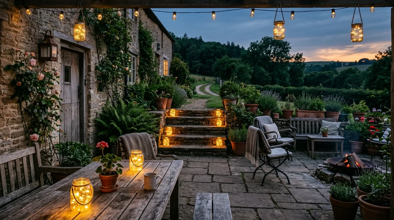 Rustic patio with mason jar lanterns placed on tables and steps.