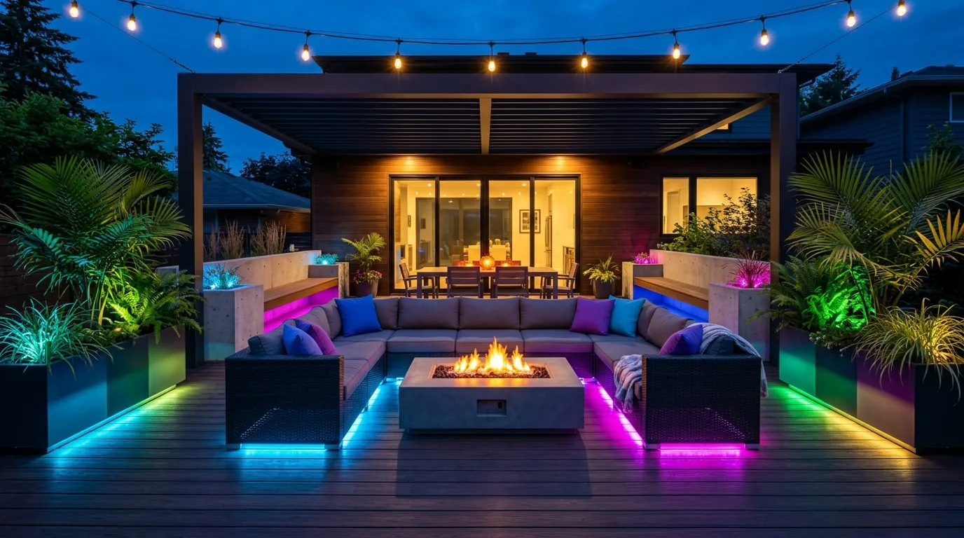 Modern patio with color-changing LED accent lights under furniture and planters.