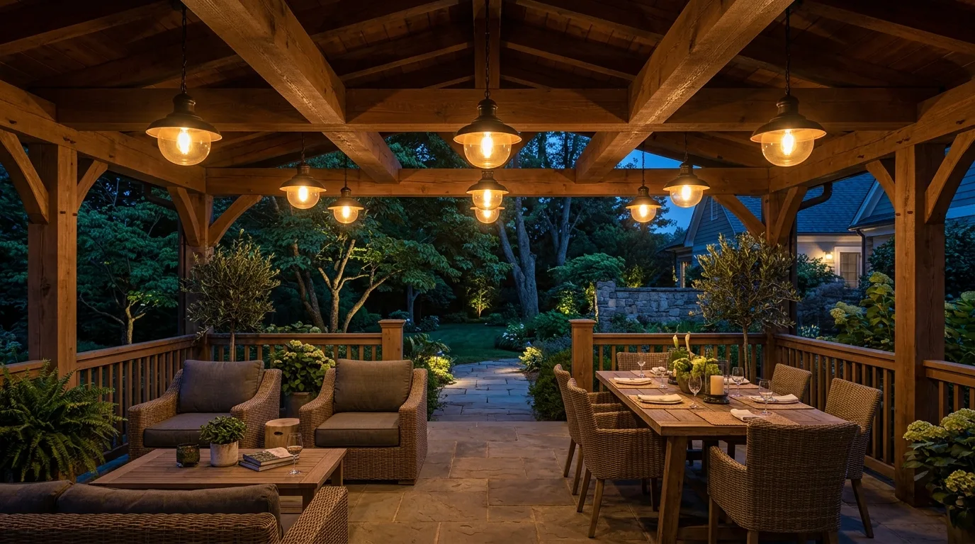 Covered patio with hanging pendant lights across ceiling beams.