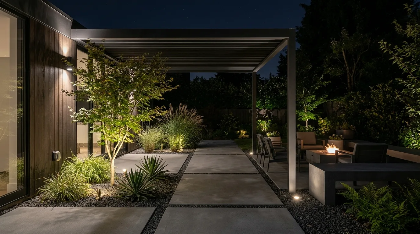 Minimalist patio with subtle ground uplighting on plants and architectural features.