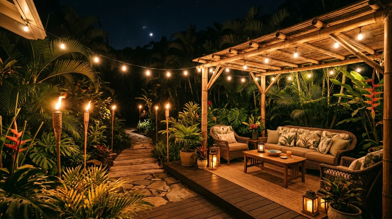 Tropical patio with tiki torches and string lights combined.