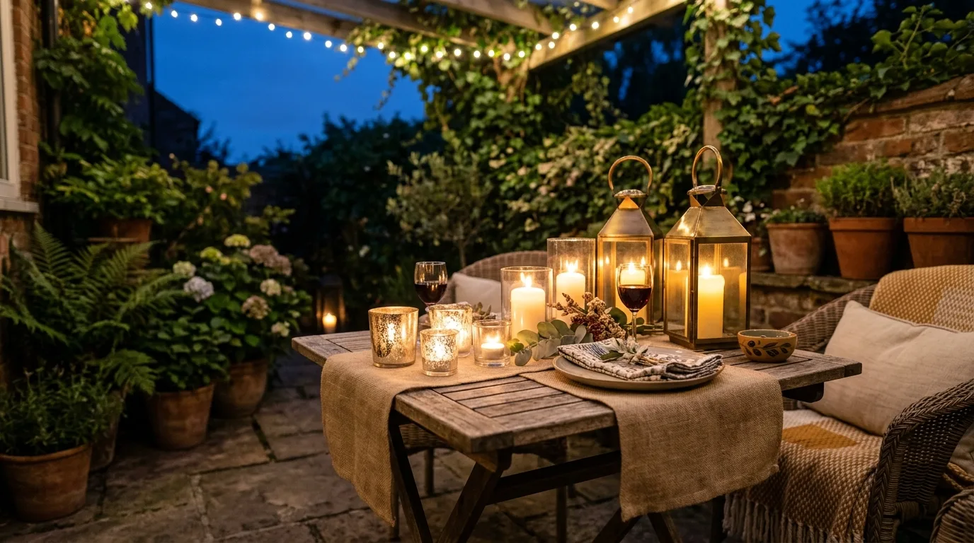Small patio with tabletop lanterns and candle clusters.