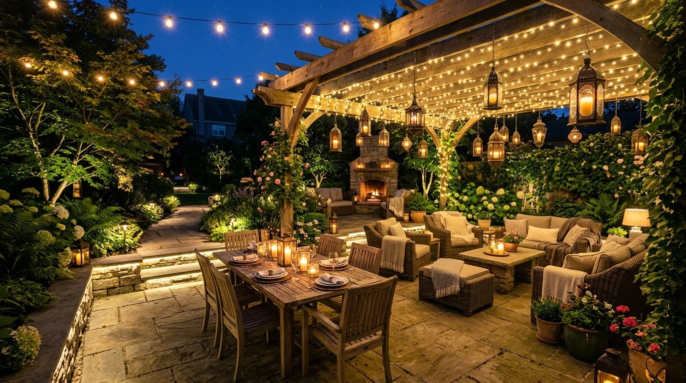 Fully illuminated patio with layered lighting for enchanting evening gatherings.