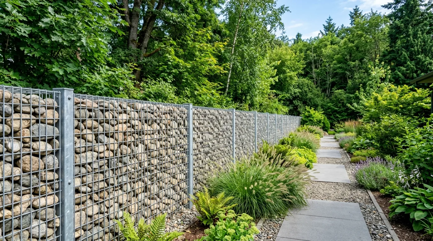 Modern gabion fence made of steel mesh filled with stone in an industrial garden setting.