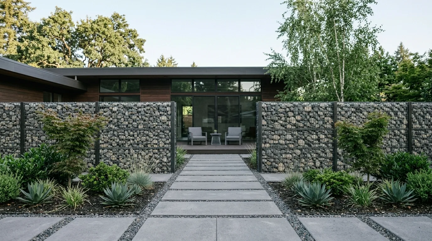 Sleek gabion privacy wall with layered rock textures in a minimalist backyard.