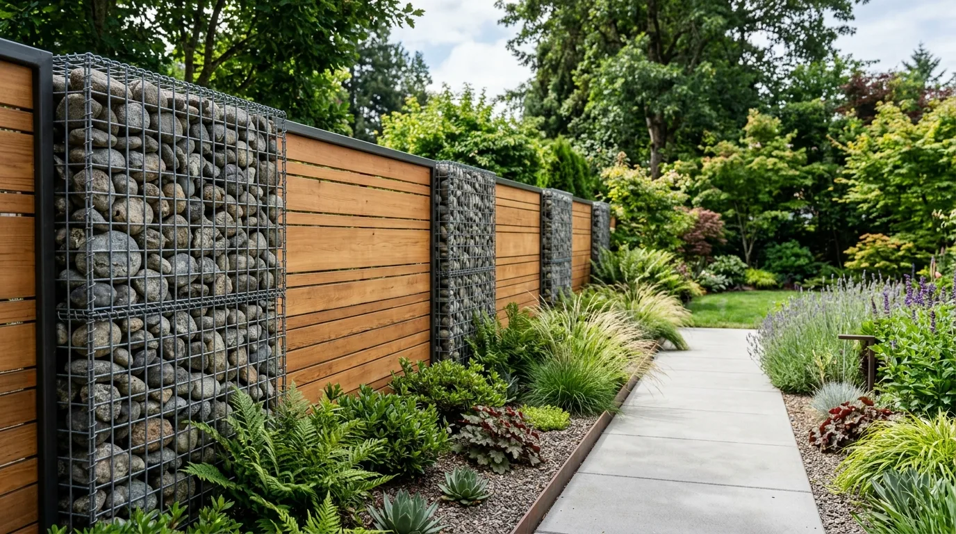 Garden with gabion fence panels combined with wooden slats.