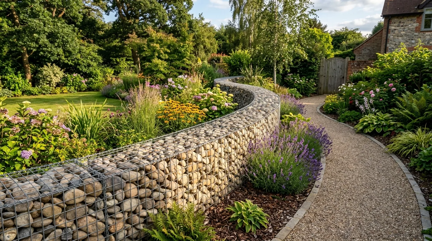 Curved gabion fence forming a stylish landscaped boundary.