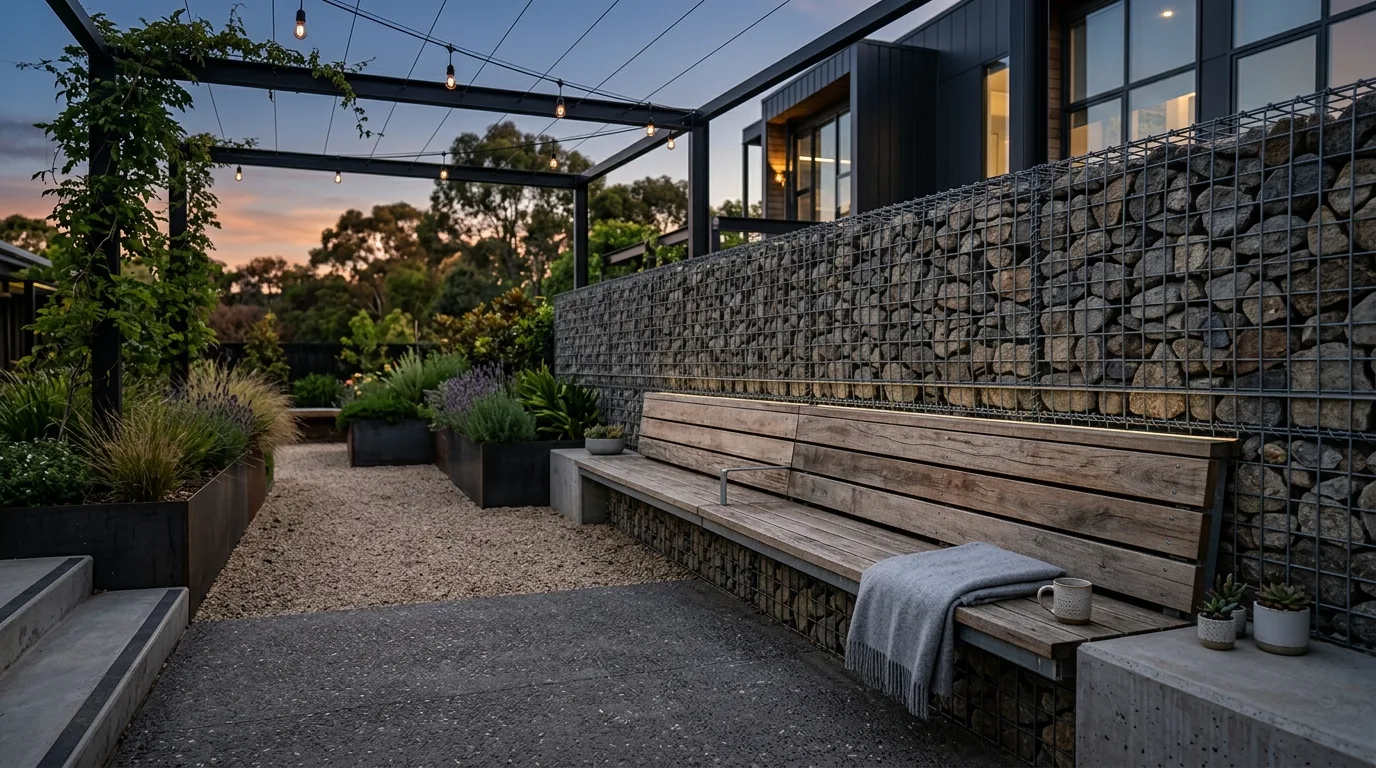 Gabion fence with built-in wooden seating integrated into the structure.