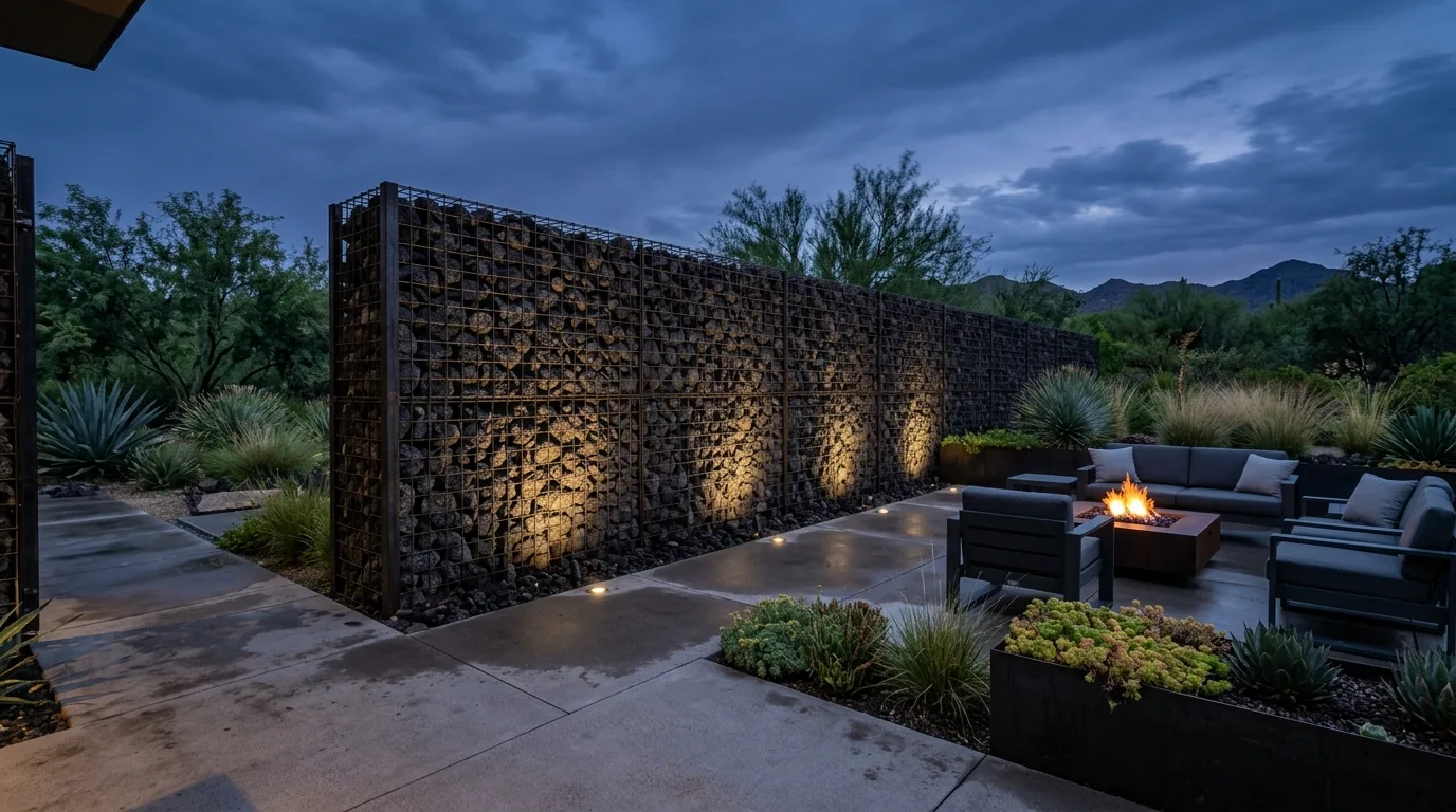 Tall gabion privacy wall filled with dark volcanic stones.