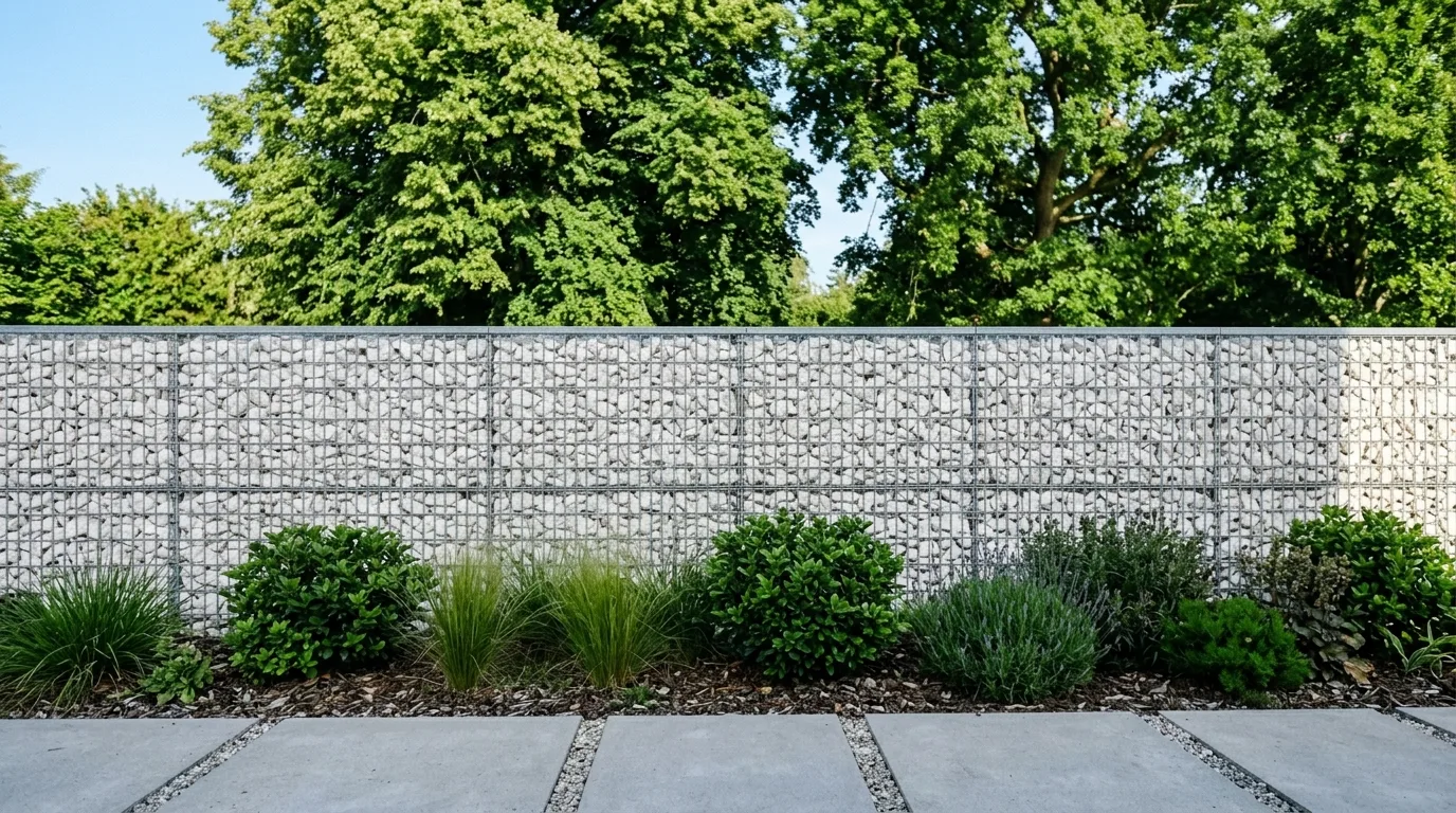 Minimalist gabion fence with uniform white stones and steel mesh.