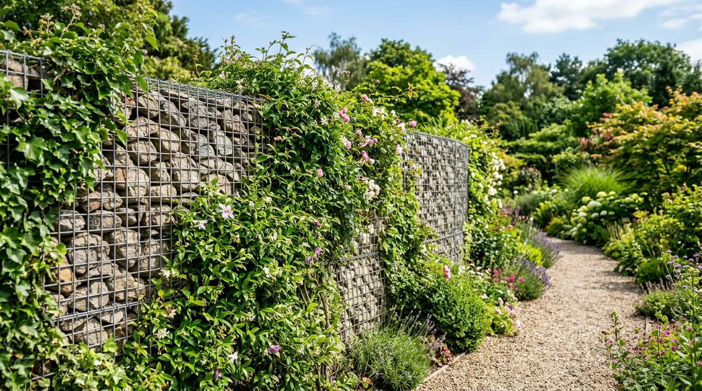 Gabion fence softened with climbing plants and vines.