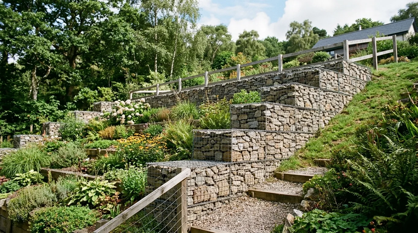 Stepped gabion retaining wall doubling as a fence in a sloped backyard.