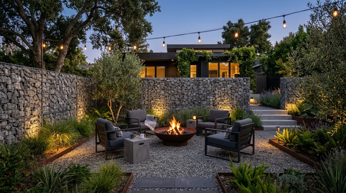 Industrial garden with gabion fence panels framing a fire pit patio.