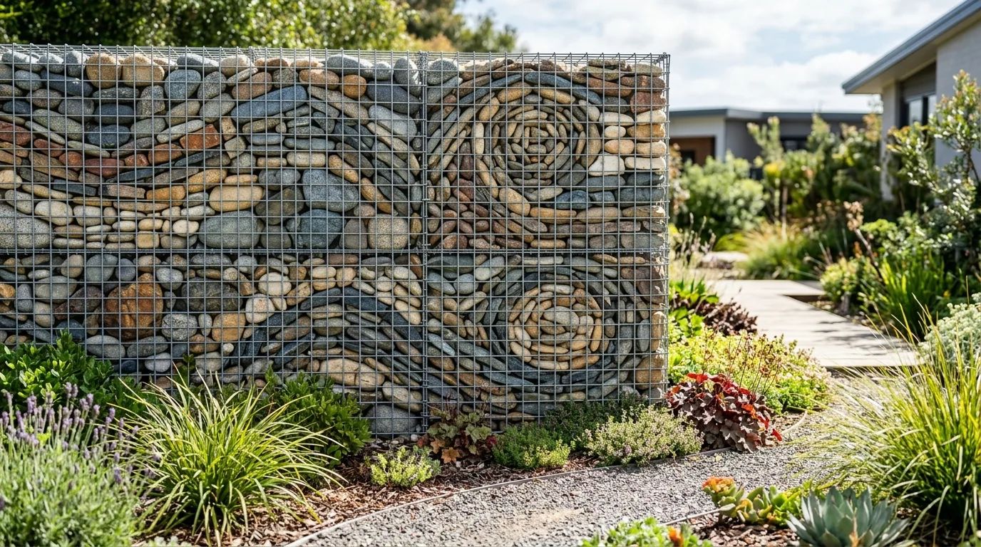 Decorative gabion fence with mixed colored stones forming artistic patterns.