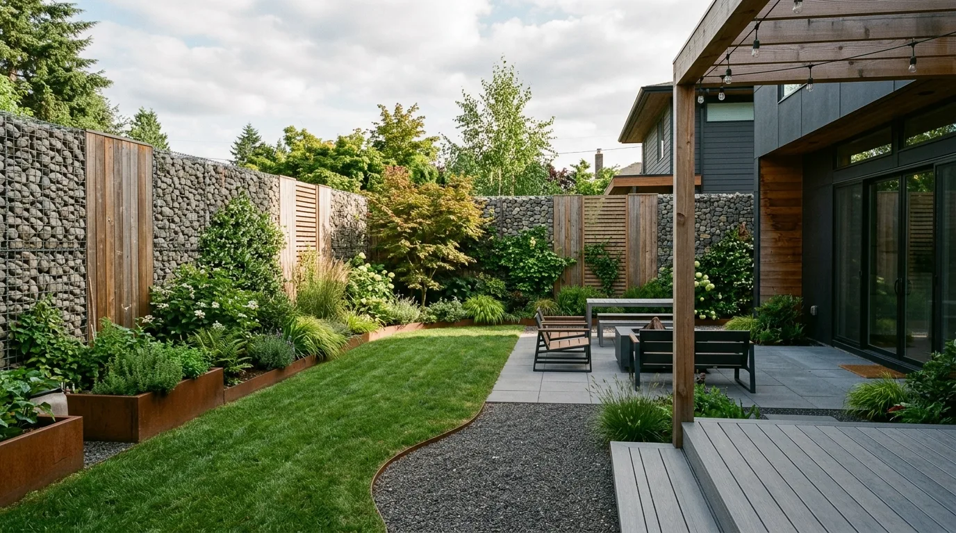 Modern backyard with gabion fencing combined with wood and greenery for privacy.