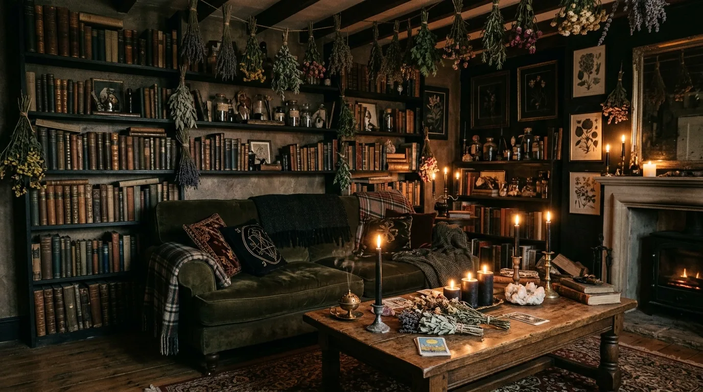 Moody witchy living room with velvet sofa, black candles, dried herbs, and antique books.