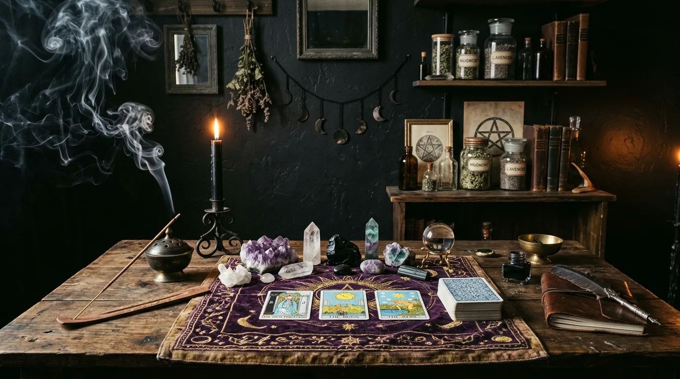 Witchy living room with black walls, crystal decor, and tarot cards on a wooden table.