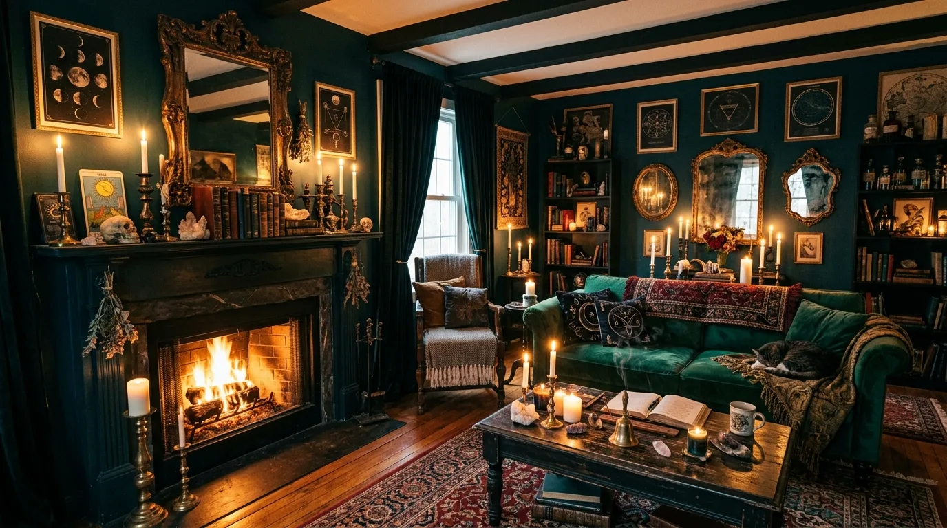 Occult-inspired living room with jewel tones, ornate mirrors, and flickering candles.