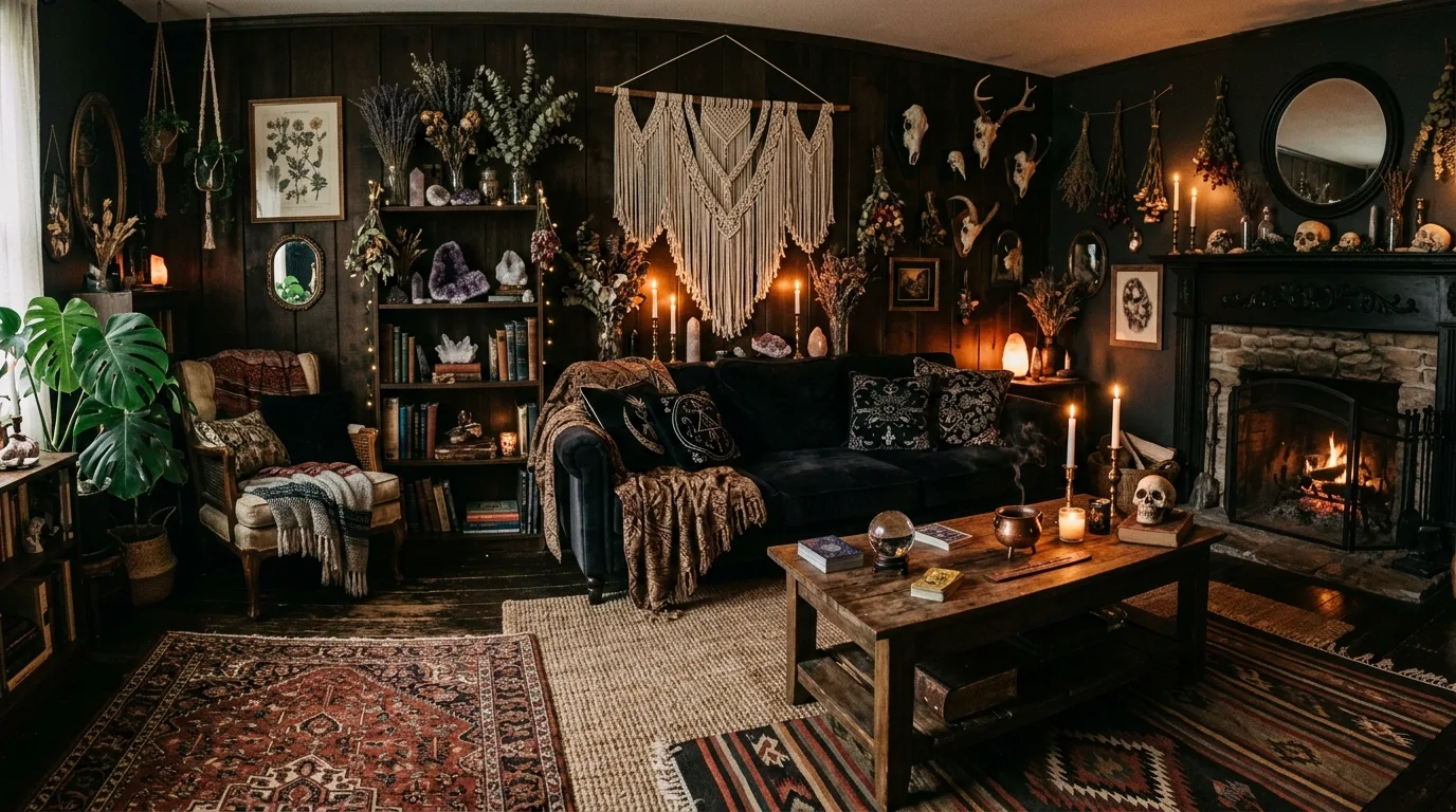 Dark bohemian witchy living room with layered rugs, macrame, skull accents, and dried florals.