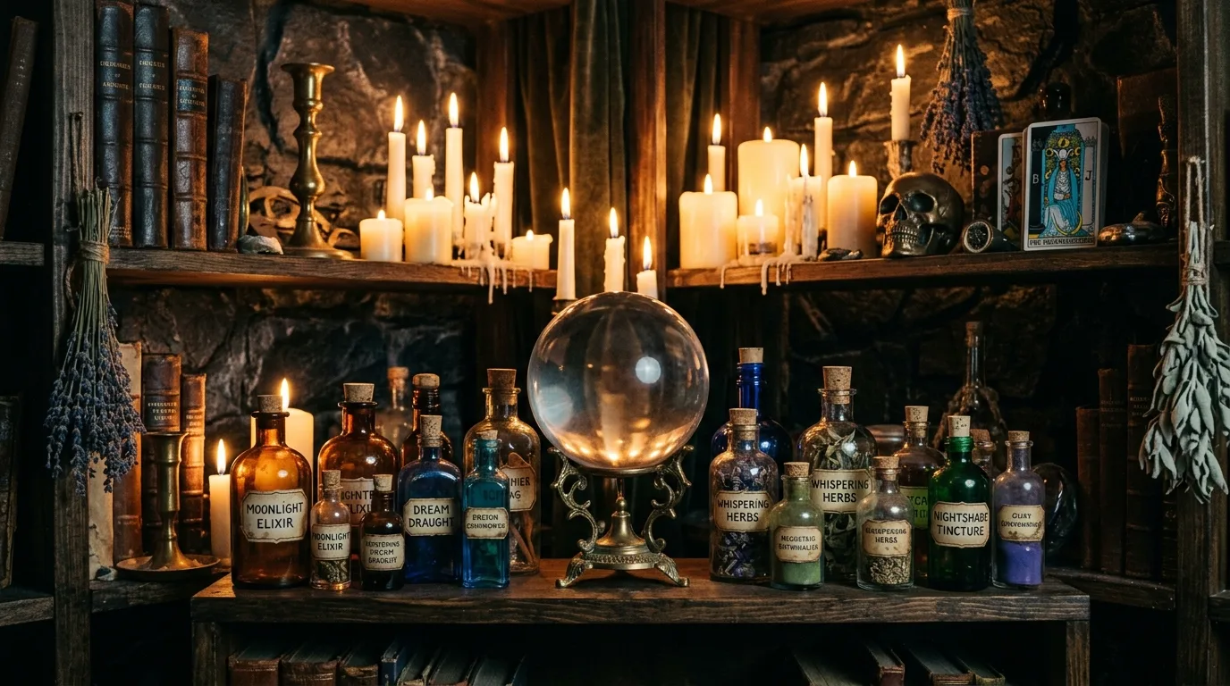 Mystical living room corner with crystal ball, potion bottles, and candle clusters.