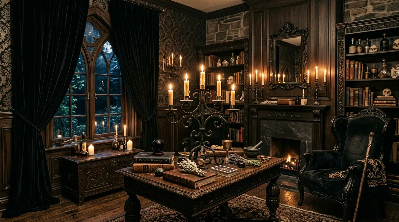 Gothic witchy interior with black velvet curtains, antique furniture, and candelabra centerpiece.