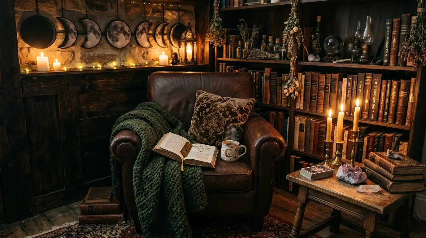 Witchy reading nook with leather armchair, spell books, candles, and moon phase wall art.